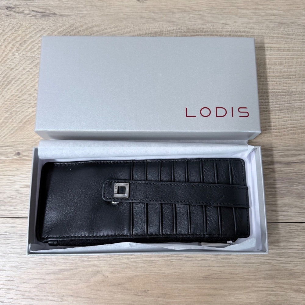 Lodis Card Case Wallet Womens OS Black Leather RFID‎ Slim Zip Pocket Multi Slot